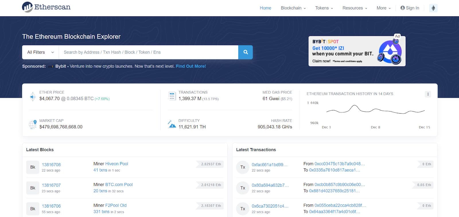 Etherscan blockchain explorer (block explorer)